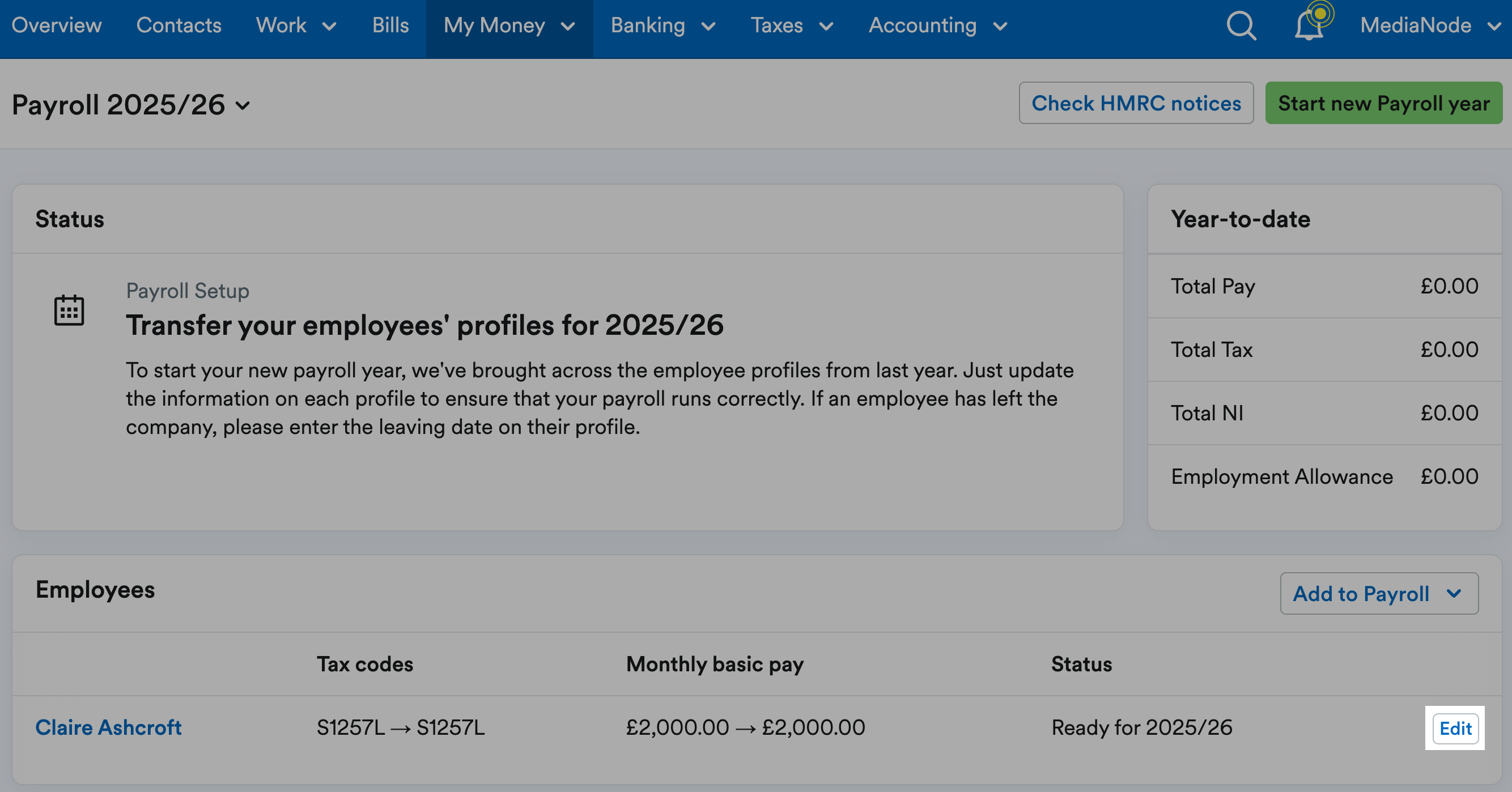 'Edit' button highlighted next to employee's listing on payroll page.