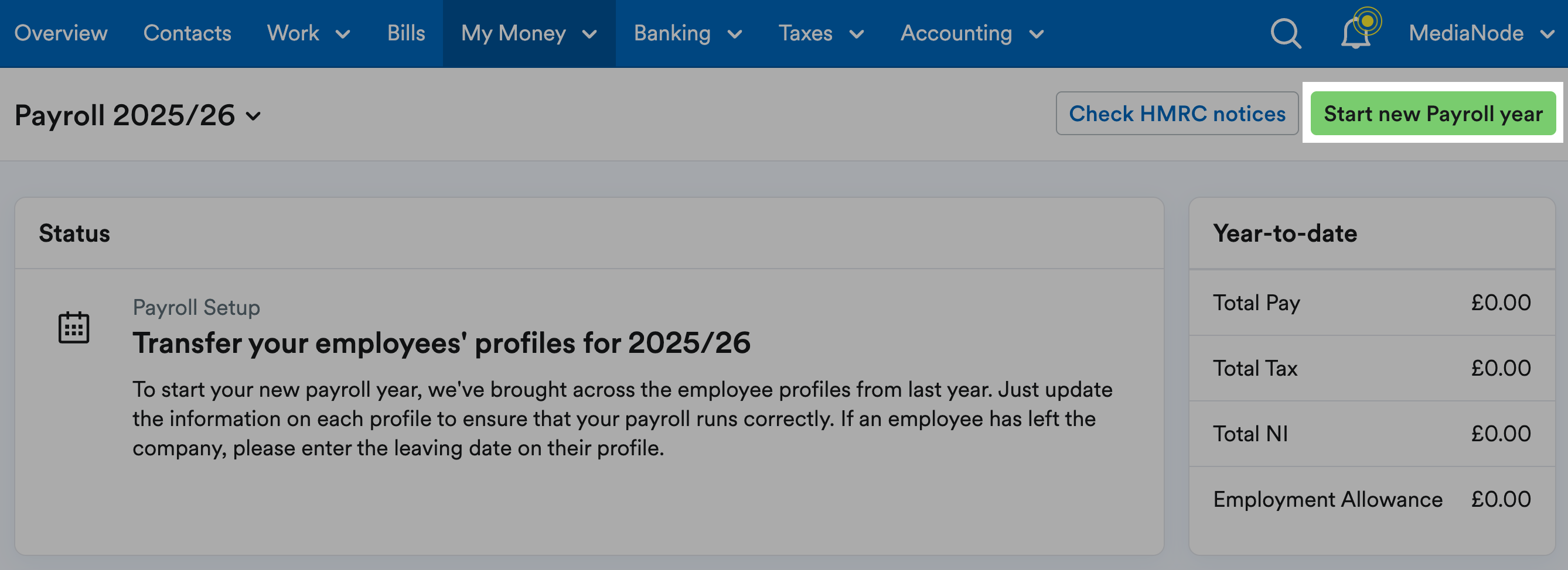 'Start new Payroll year' button highlighted at top of payroll page.