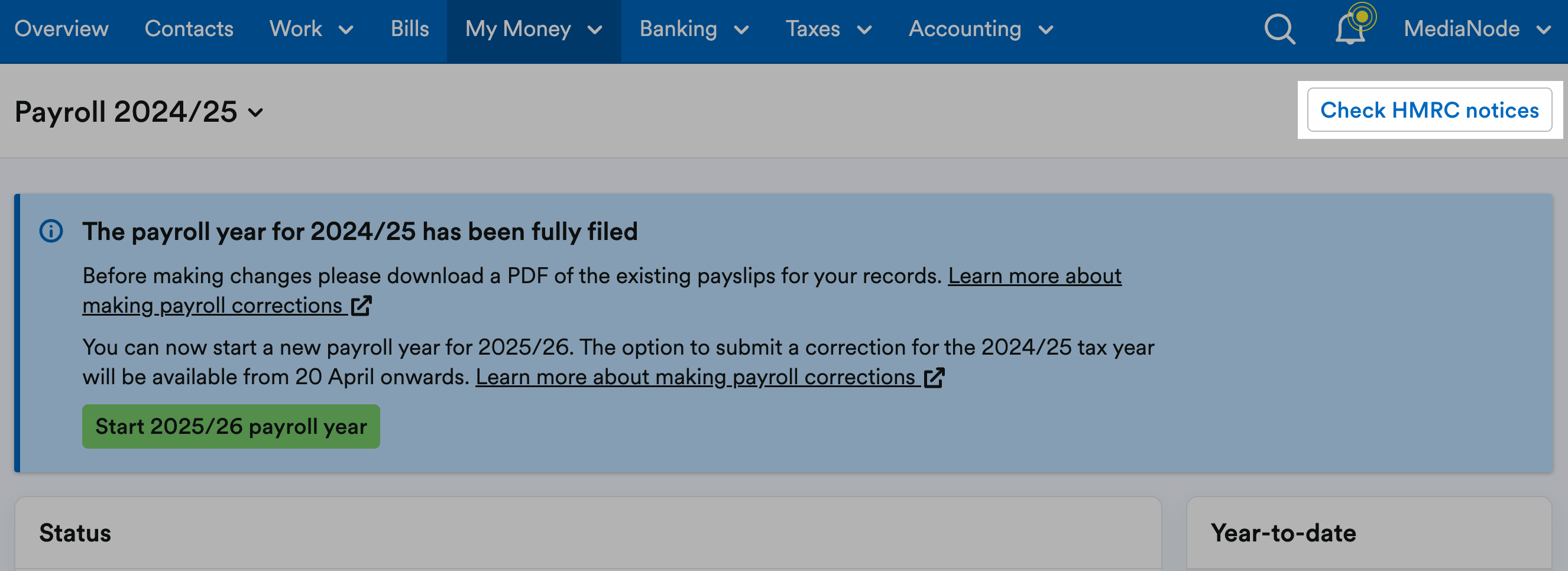 'Check HMRC notices' button at the top of the payroll page.