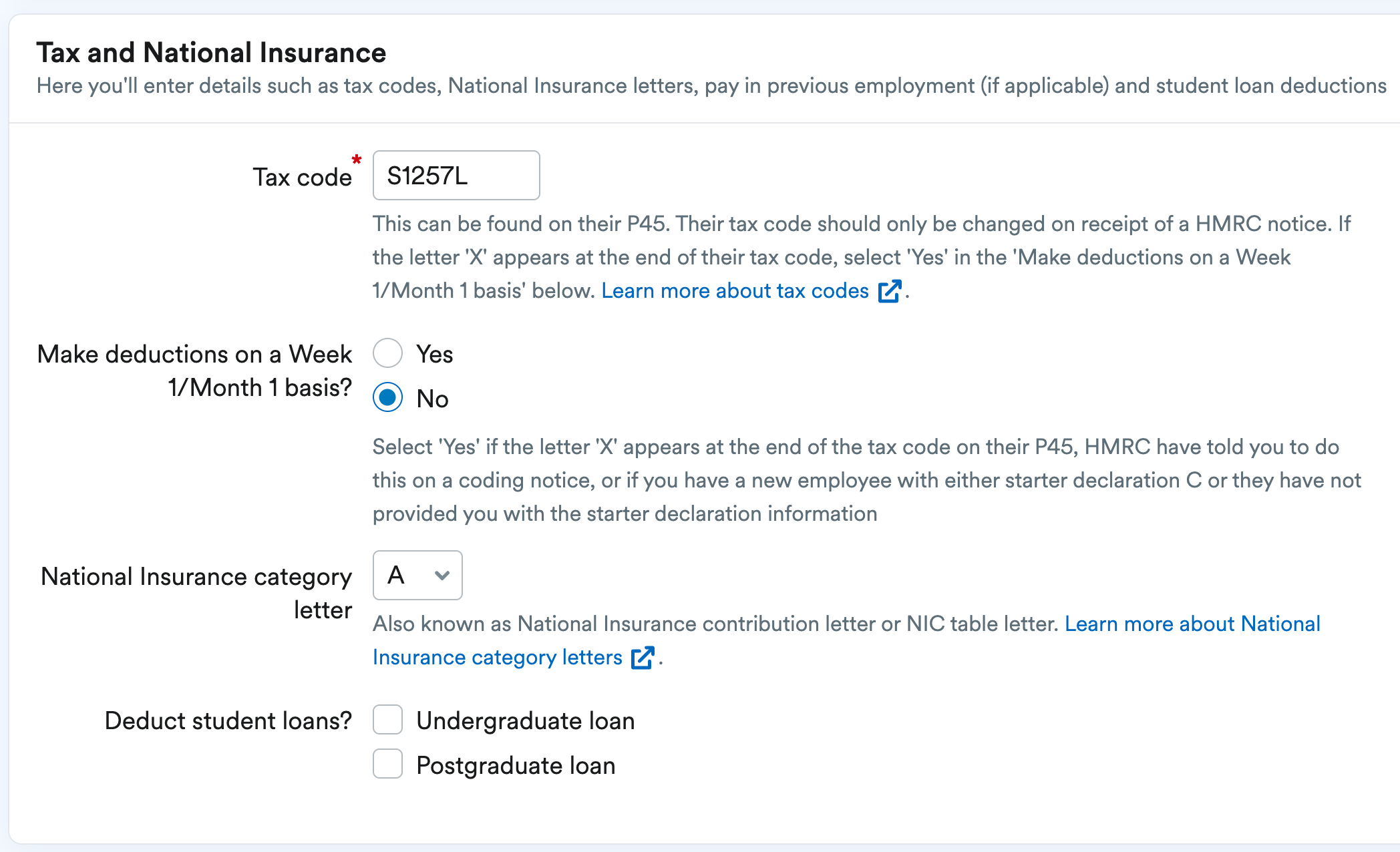Tax and NI section of employee details.