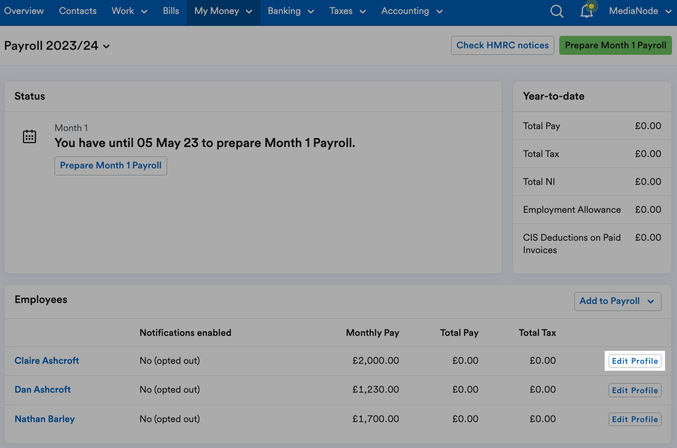'Edit Profile' button highlighted next to employees' listing.