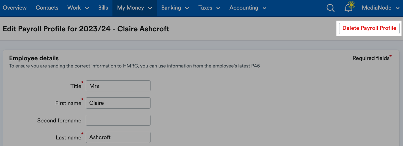 'Delete payroll profile' button highlighted on payroll profile page.