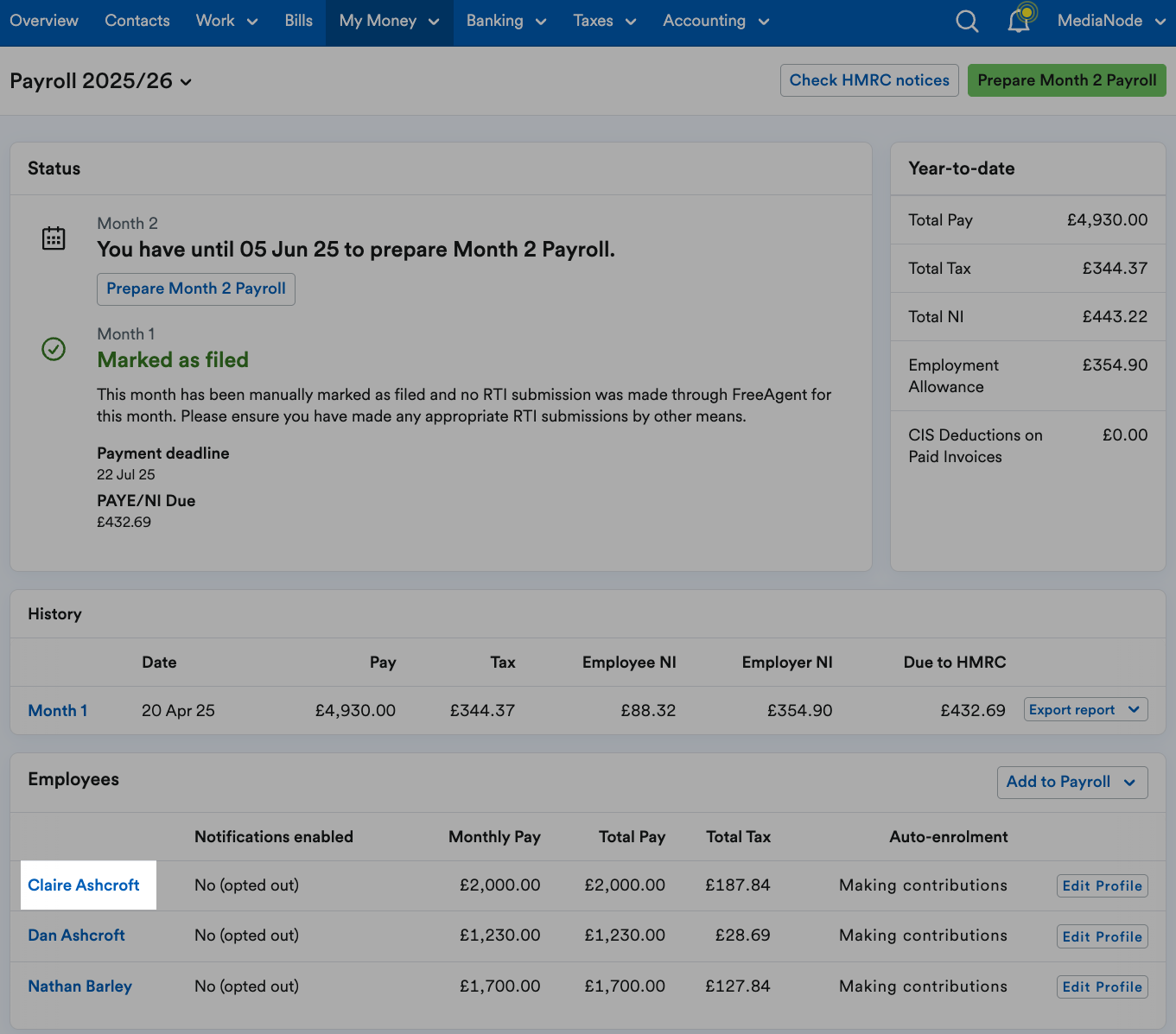 Example employee name highlighted in list of employees.