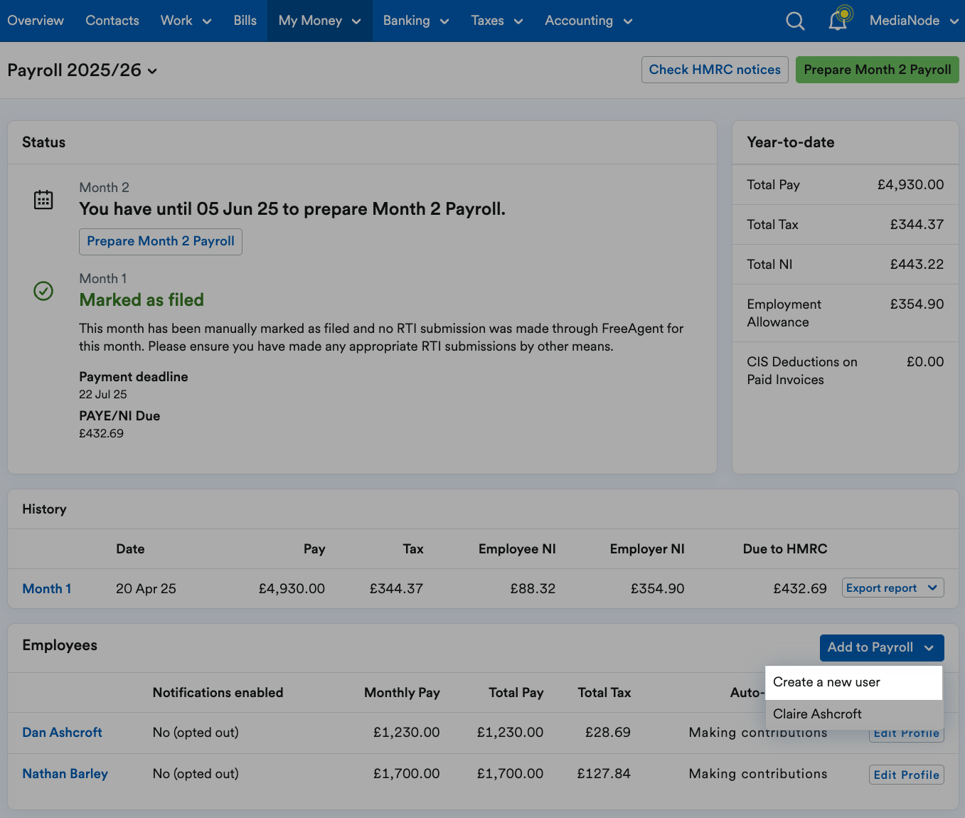 Employee names listed in drop-down menu under 'Add an employee' button.