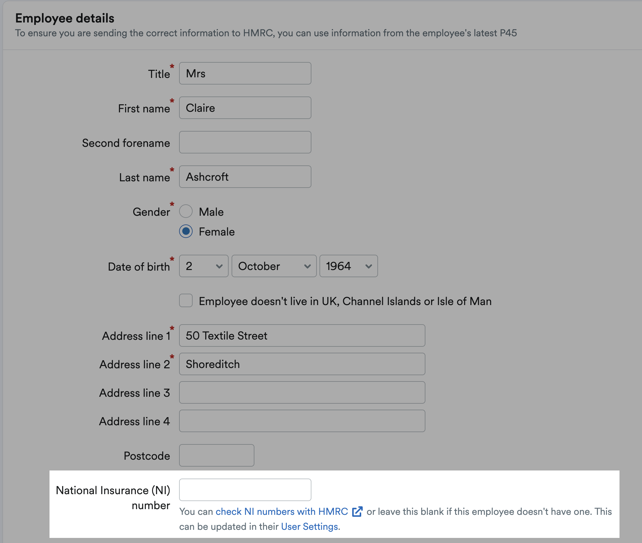 National Insurance number field left blank
