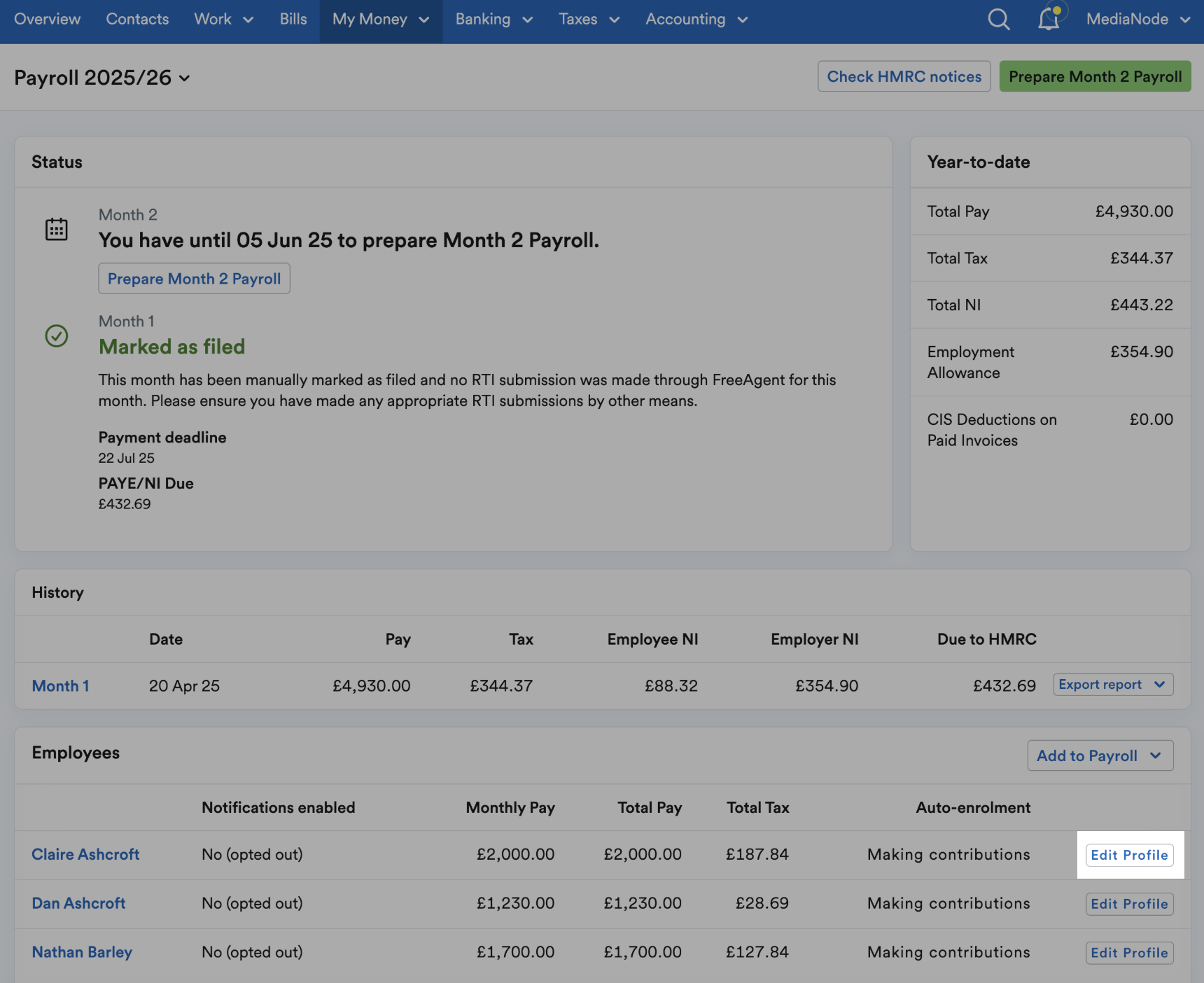 'Edit Profile' button highlighted next to employees' listings.