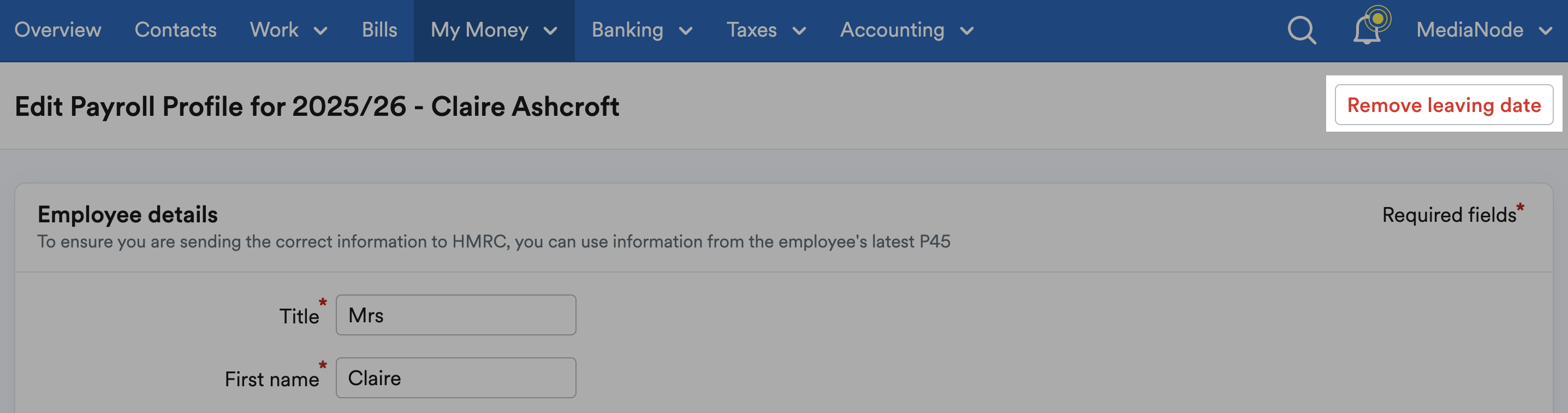 'Remove leaving date' button highlighted in Edit Payroll Profile page.
