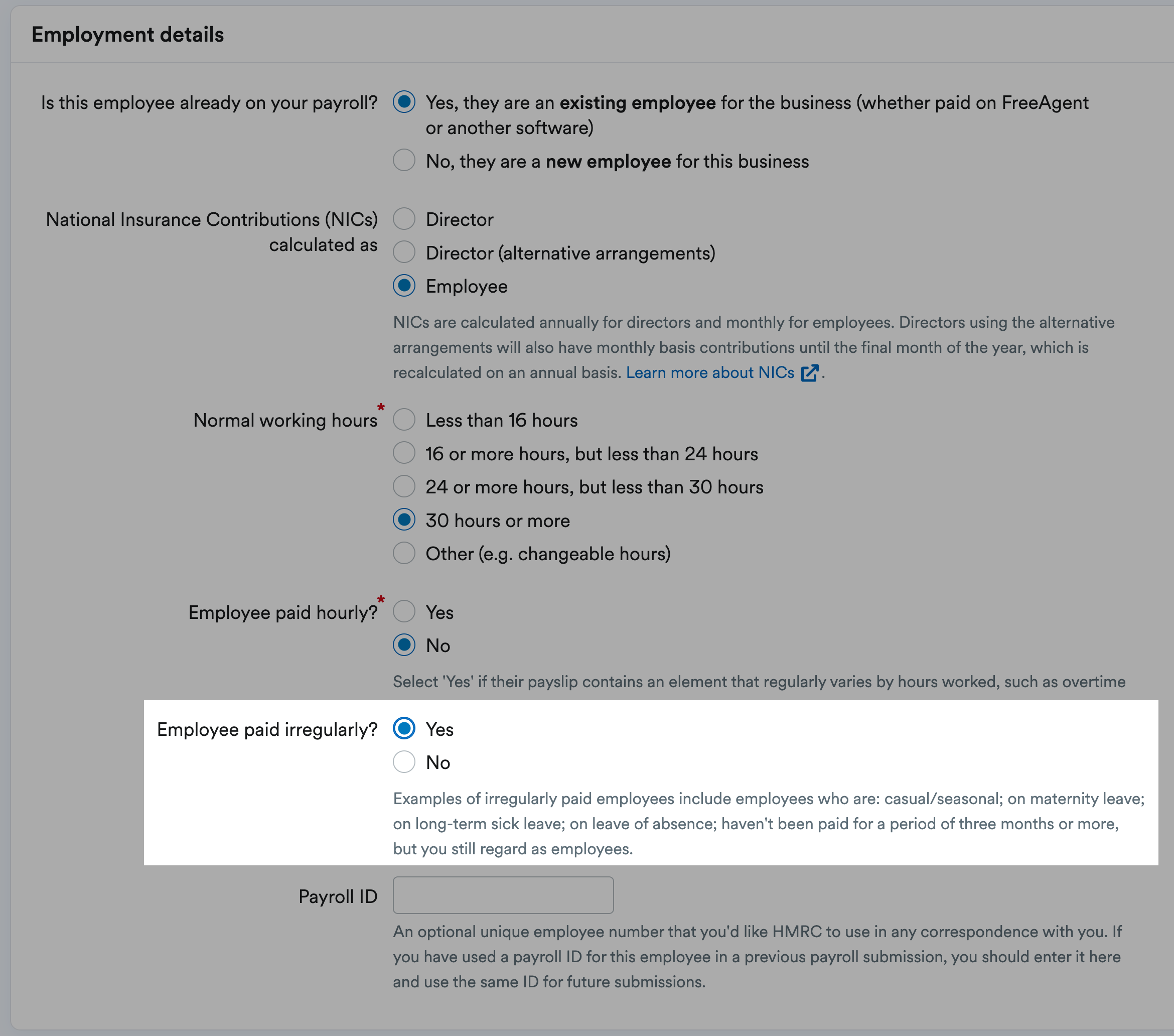 Irregular payments box in employment details on  payroll profile in FreeAgent