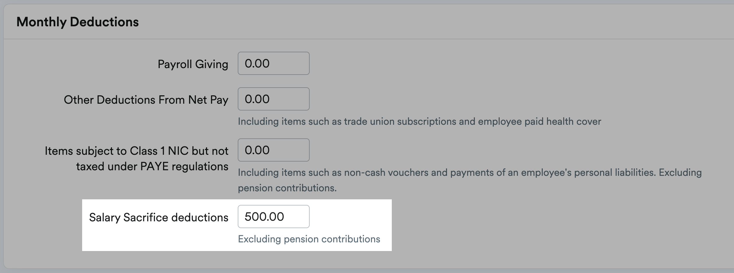 Salary Sacrifice deductions field highlighted in the Monthly Deductions section of a payroll profile