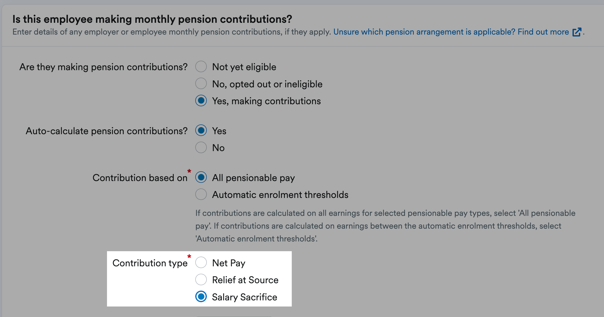 Salary Sacrifice selected as the contribution type in a payroll profile
