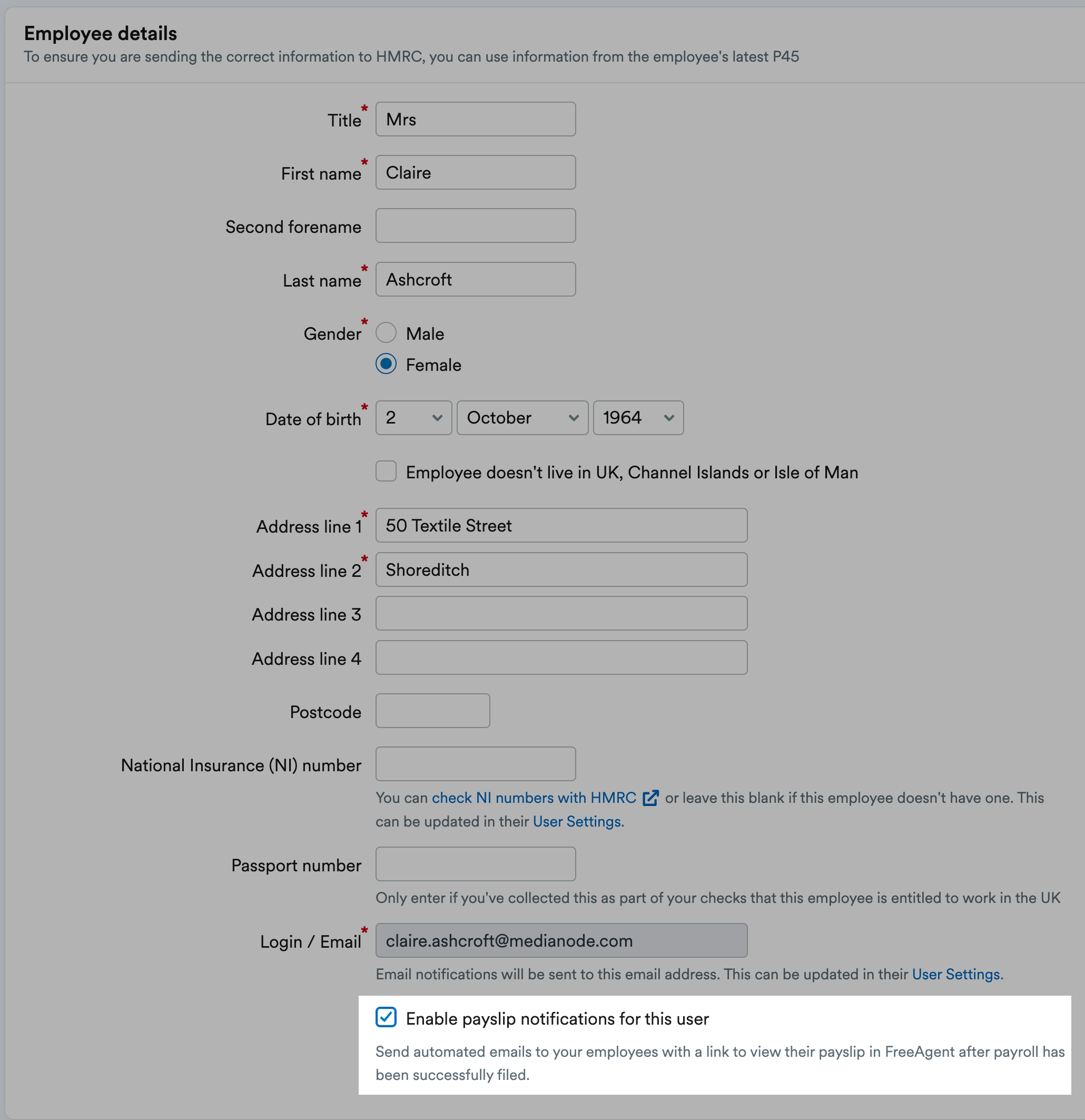 Checkbox ticked for 'Enable payslip notifications for this user'.