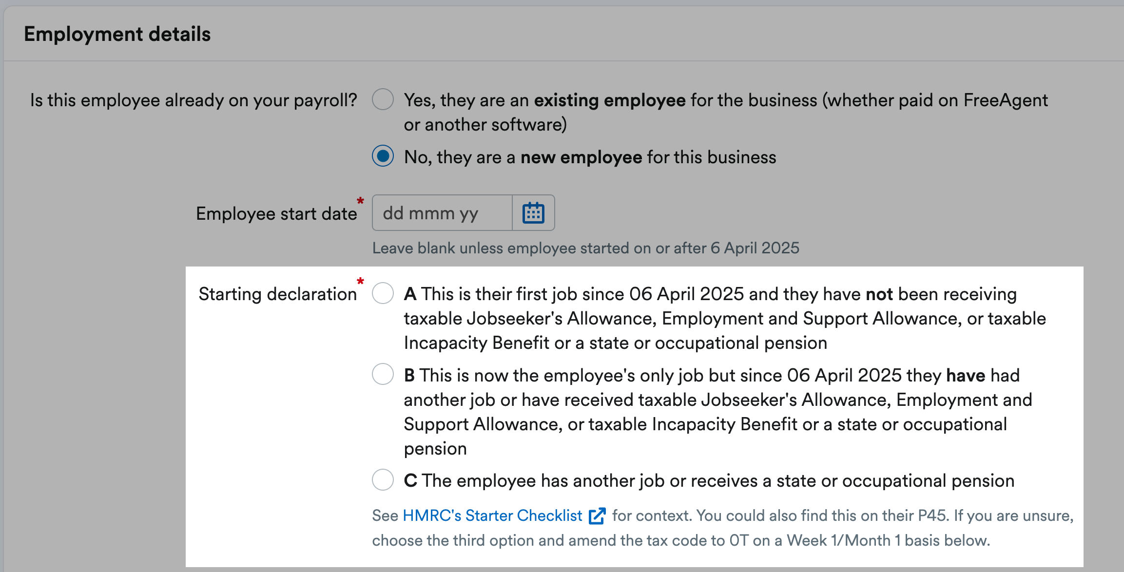 Starting declaration highlighted with required selection of A, B, or C.