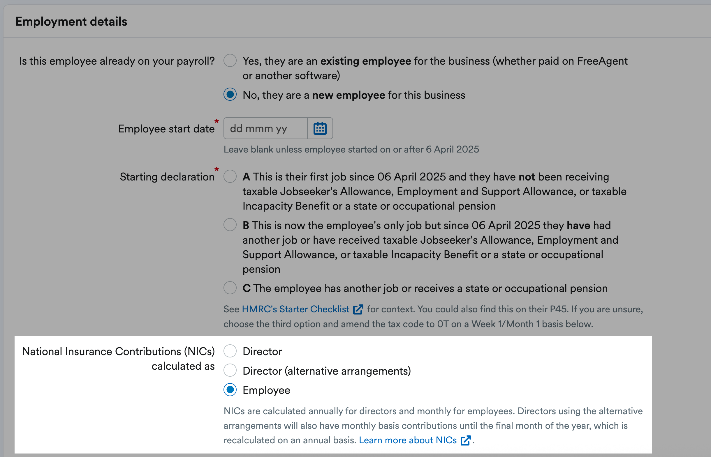 Options to select NICs calculated as Director, Director (alternative arrangements), or Employee.