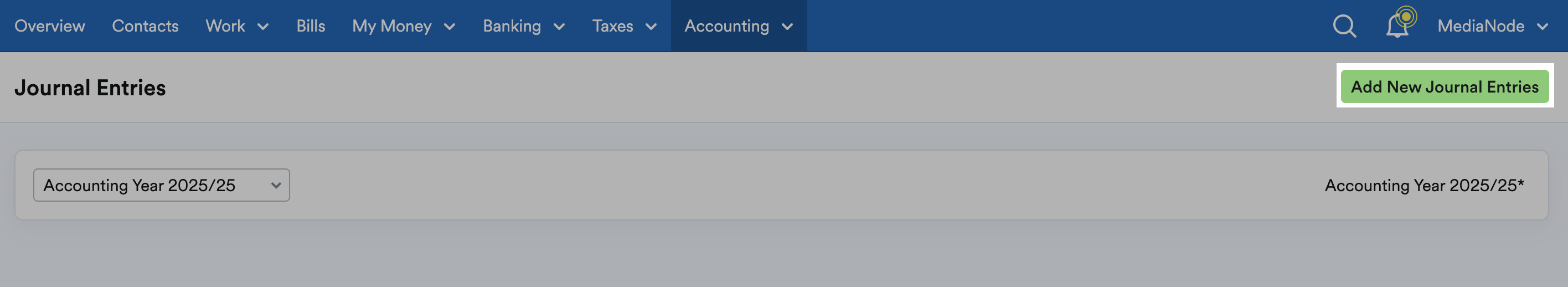 'Add New Journal Entries' button highlighted on Journal Entries page.