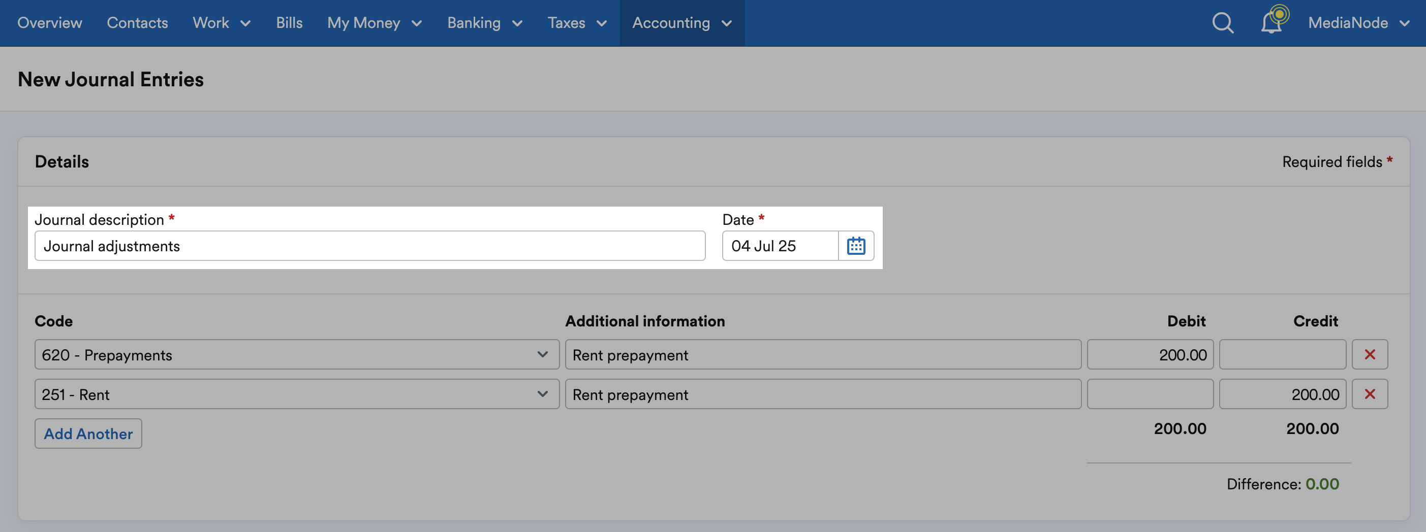 'Journal description' and 'Date' fields highlighted.