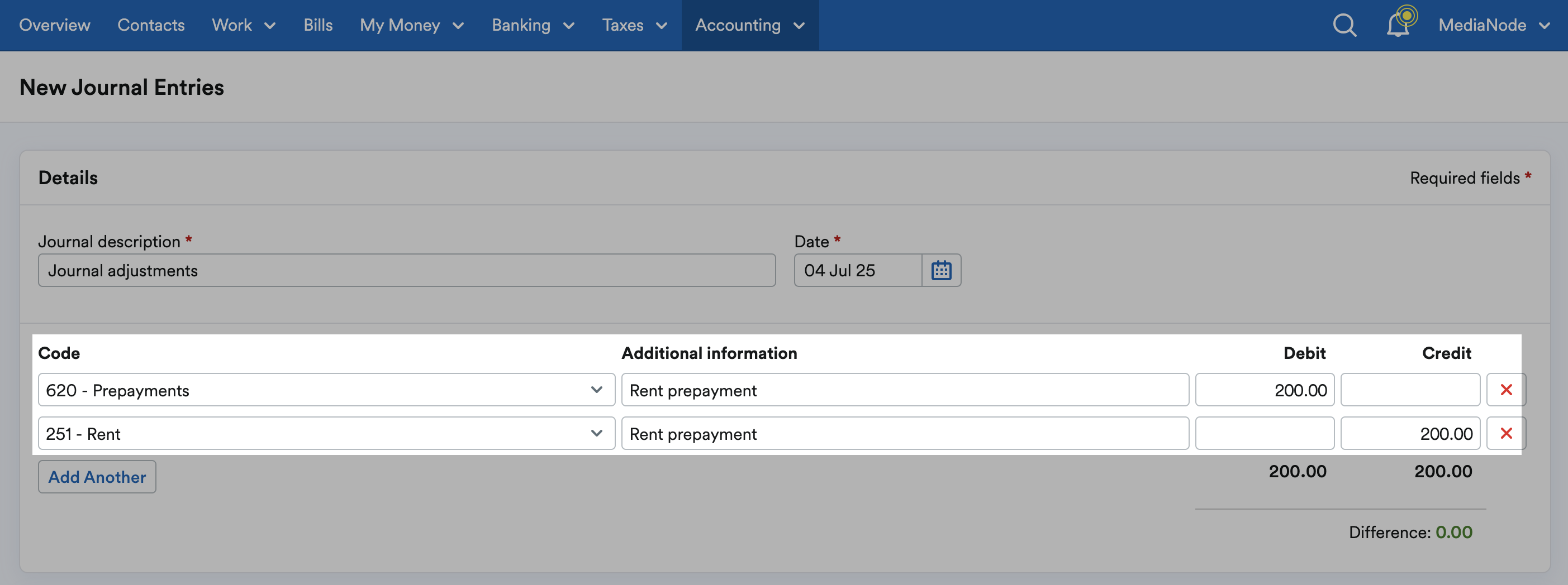 Relevant codes, Debits and Credits entered.