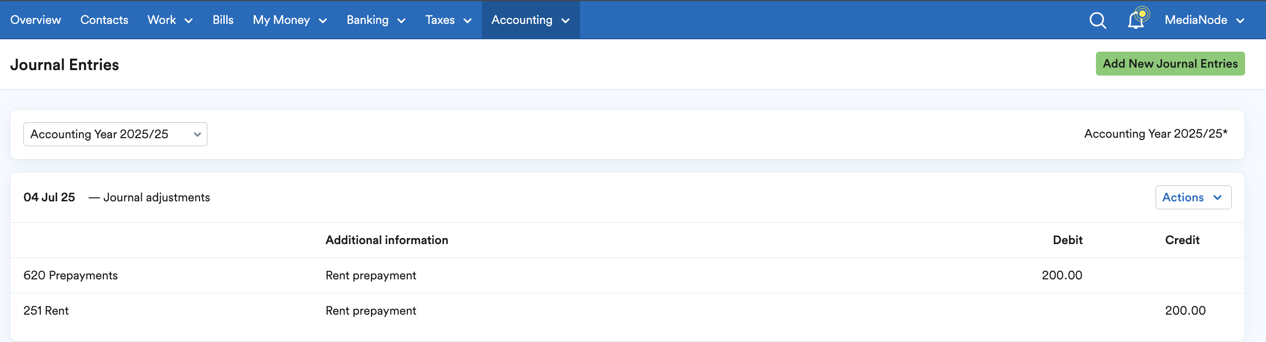 New journal entries showing on Journal Entries page.