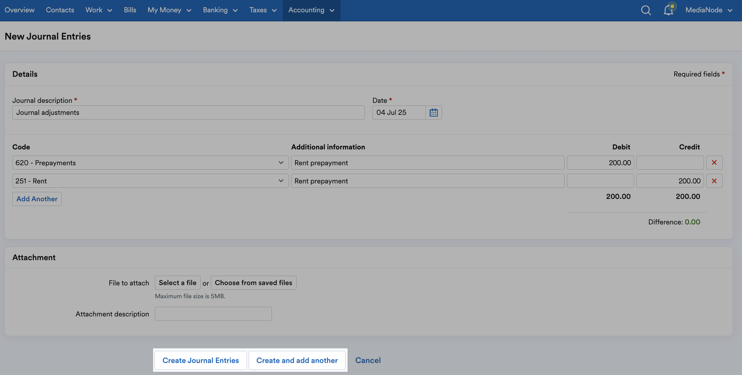 'Create Journal Entries' and 'Create and add another' buttons highlighted at bottom of page.