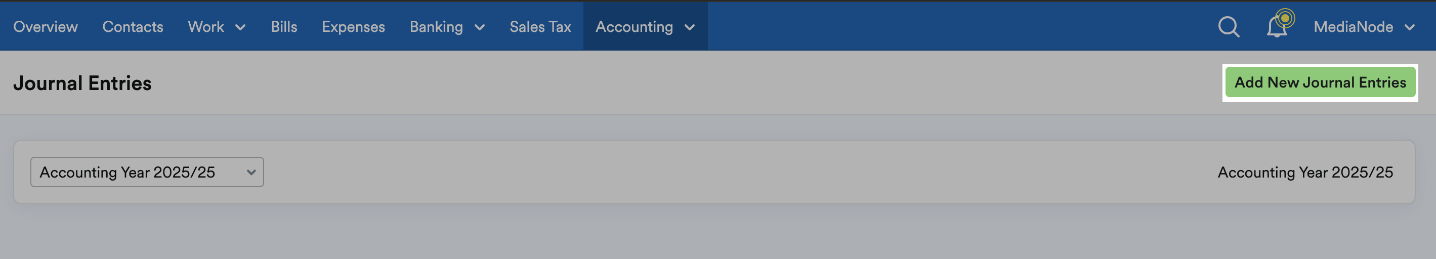 'Add New Journal Entries' button highlighted in Journal Entries page header.