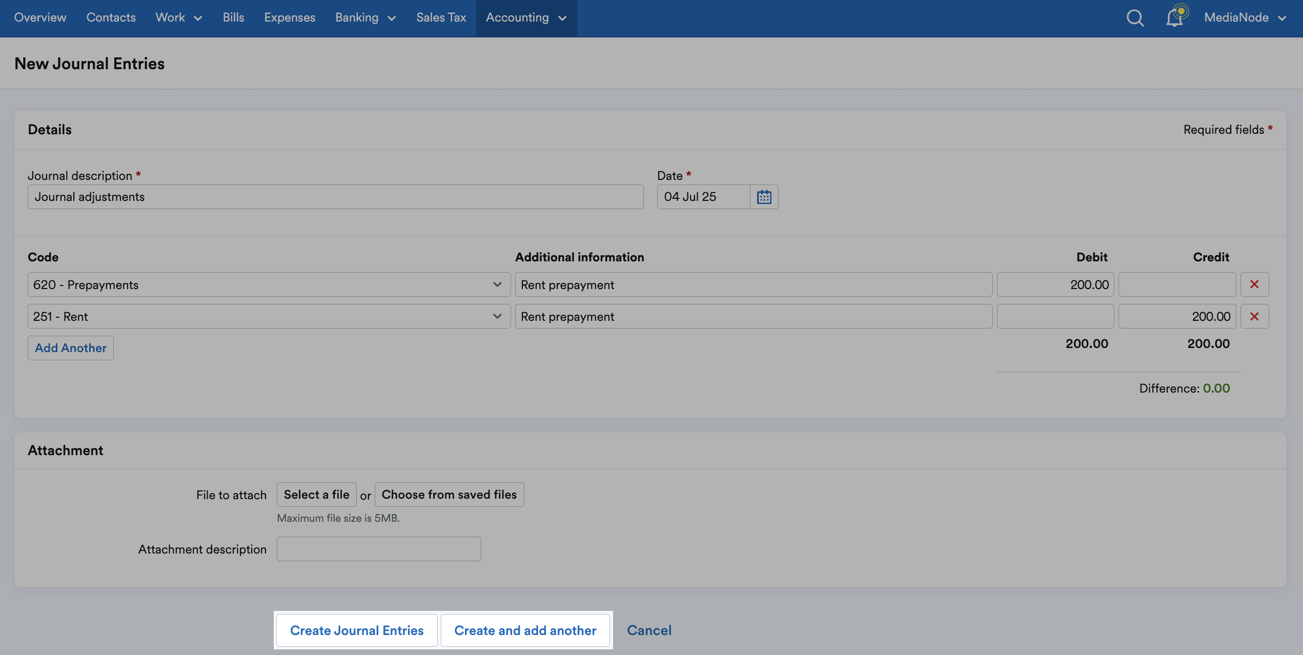 'Create Journal Entries' and 'Create and add another' buttons highlighted at bottom of page.