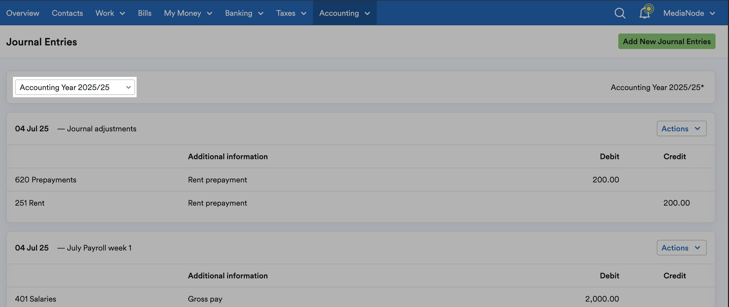 Accounting year drop down menu highlighted.