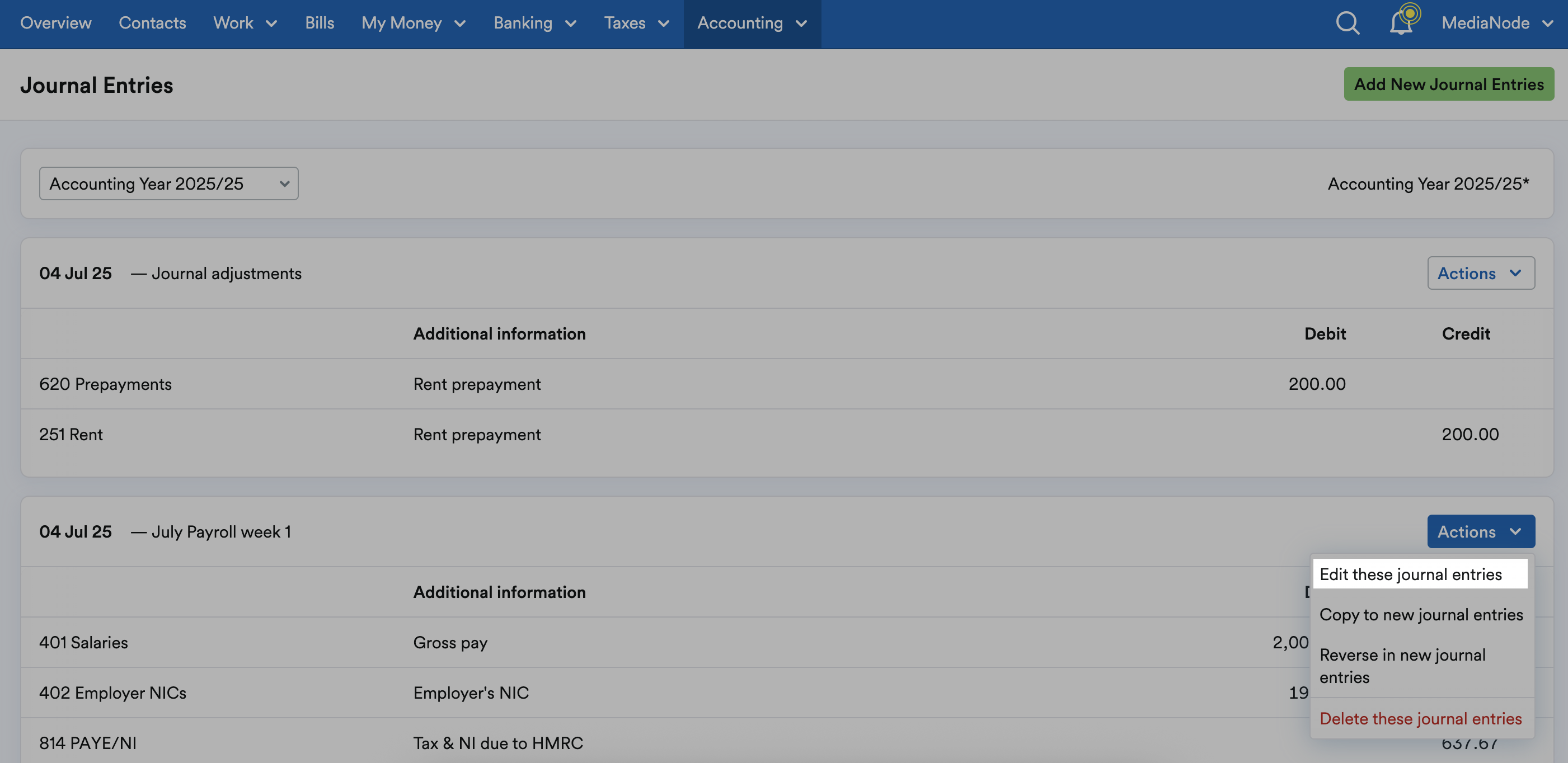 'Edit these journal entries' highlighted on Actions drop down menu.