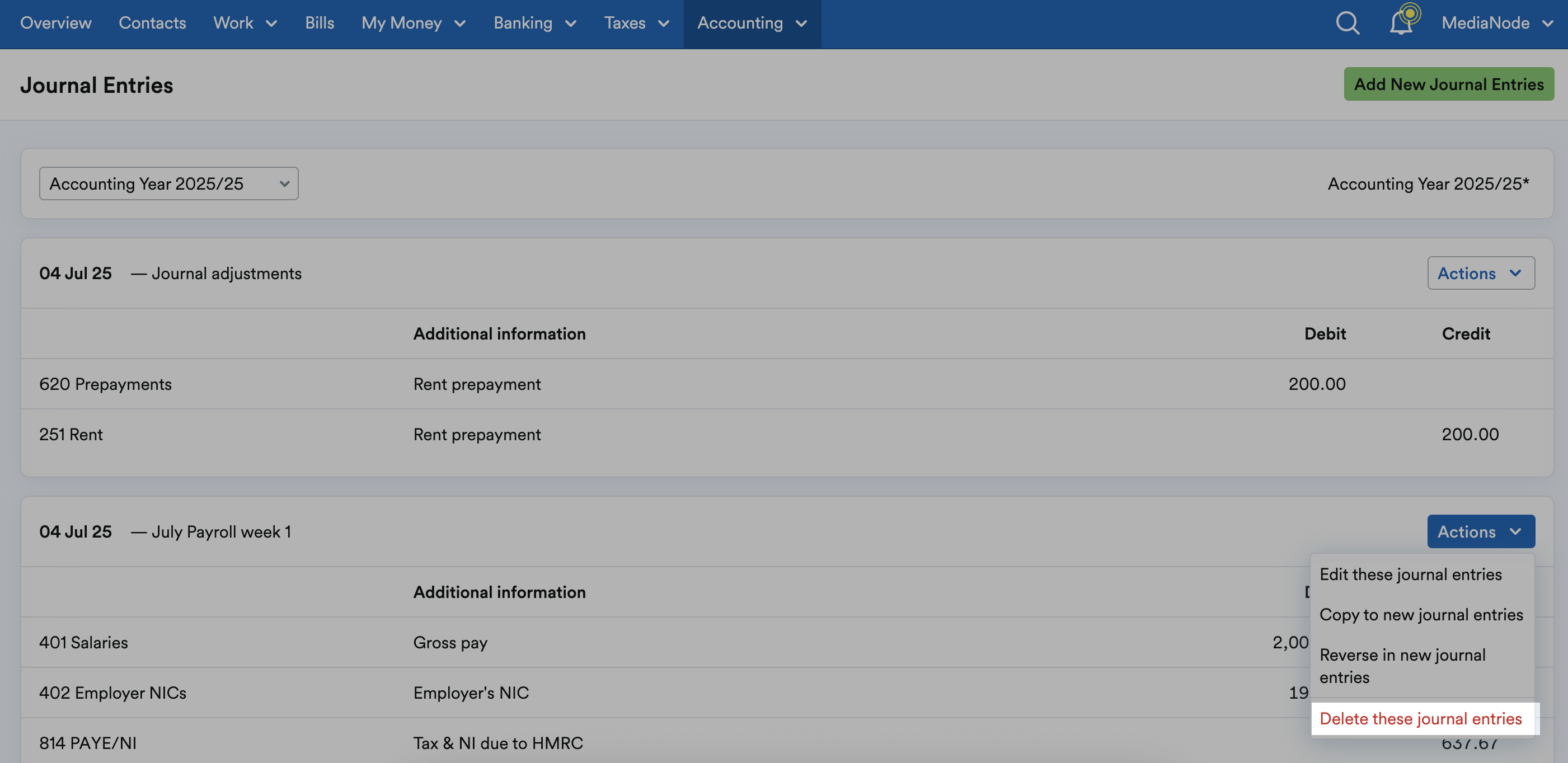 'Delete these journal entries' highlighted on Actions drop down menu.