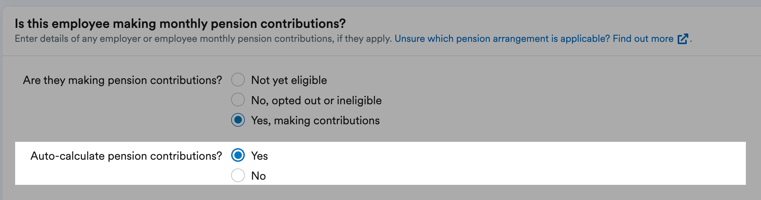Automatically calculate pension contributions highlighted