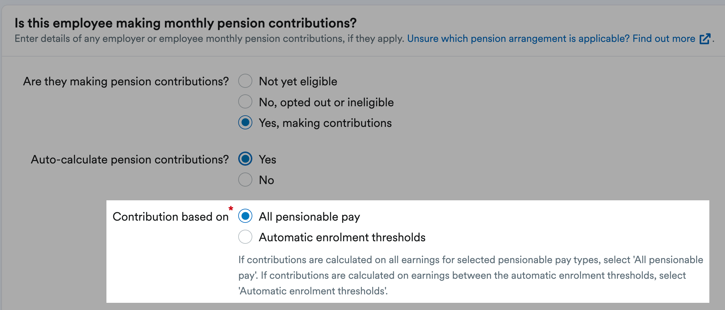Contribution based on all pensionable pay or automatic enrolment thresholds options
