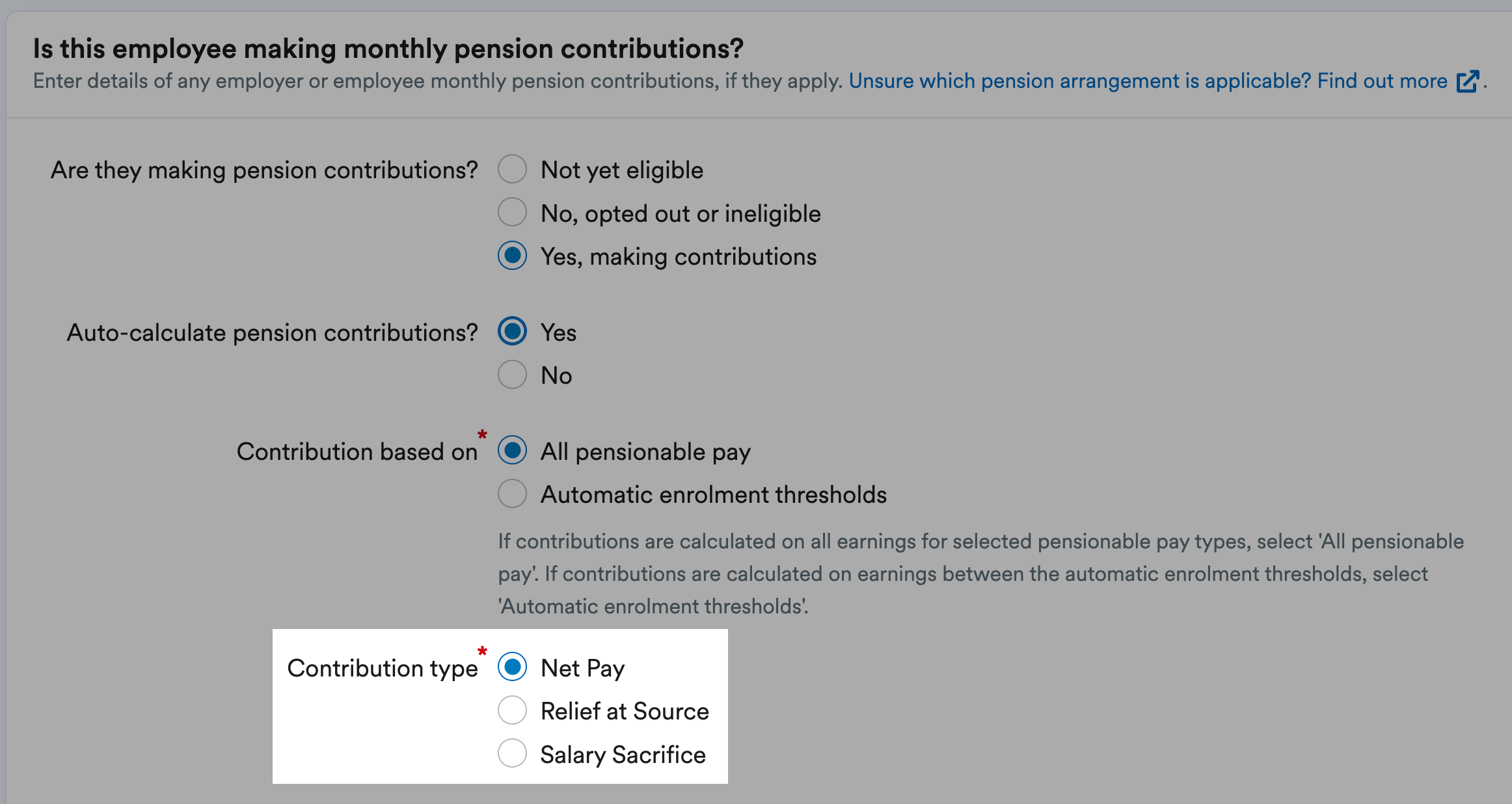 Contribution type options for pension contributions