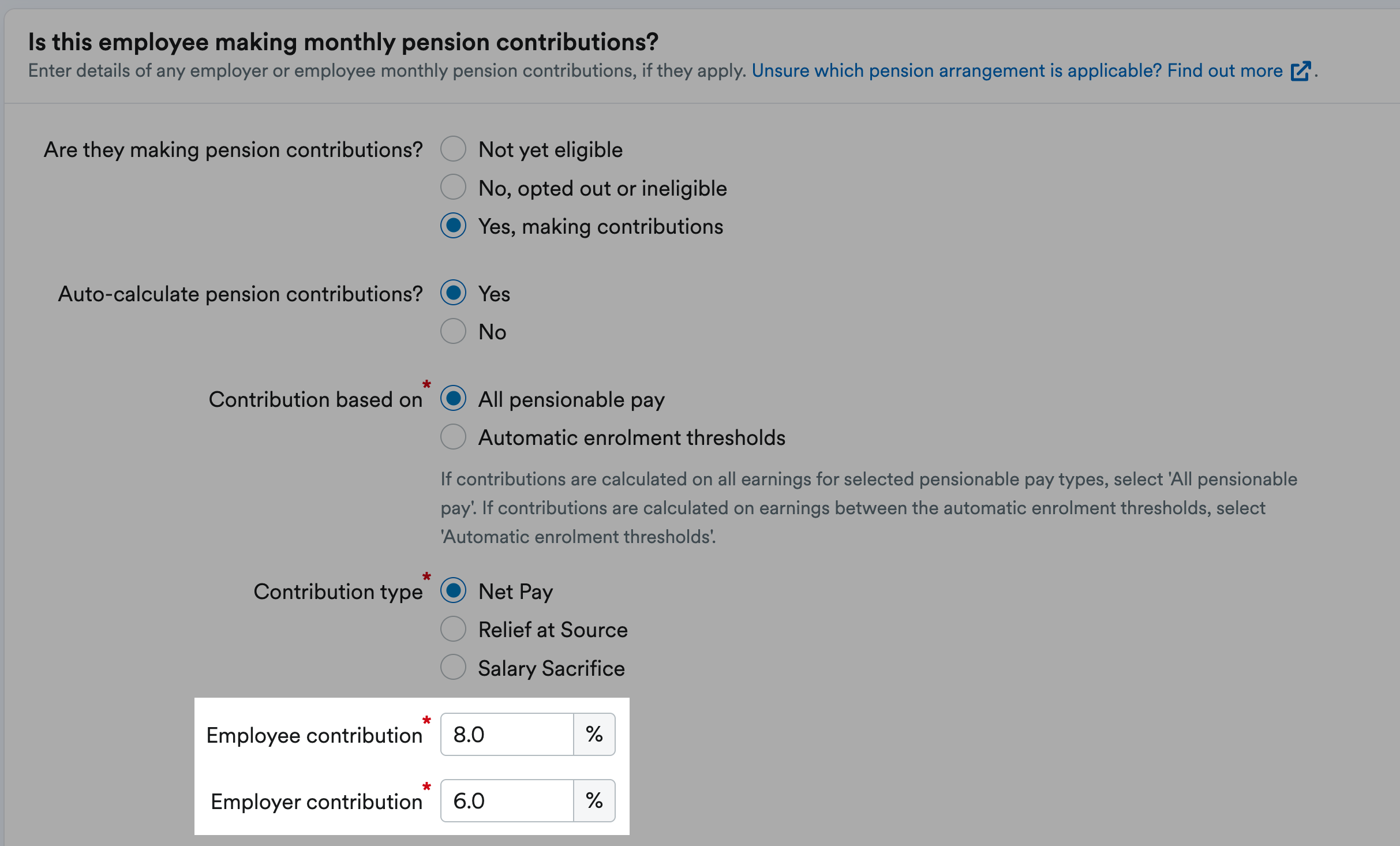 Employee and employer contribution fields