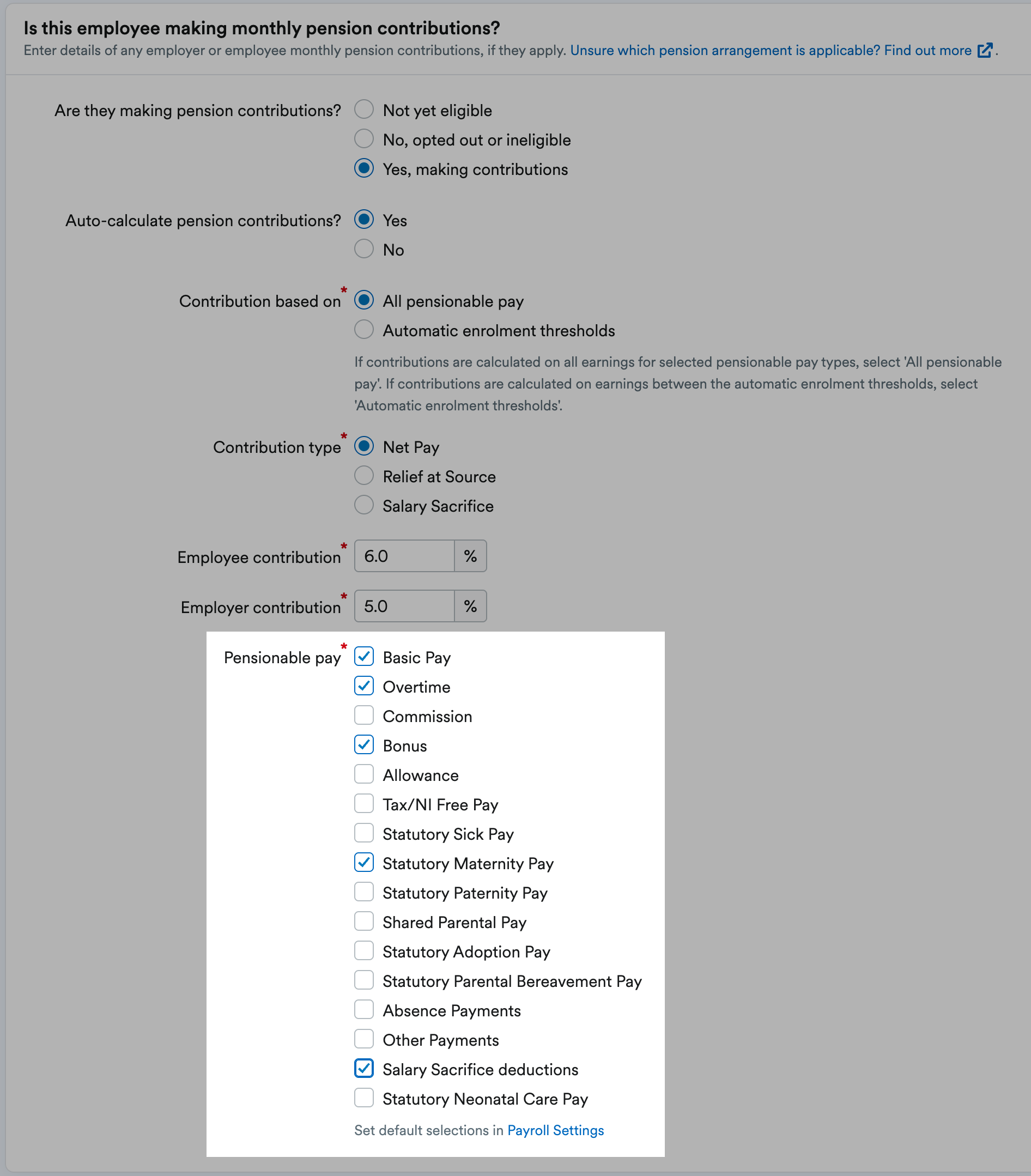 Pensionable pay section highlighted