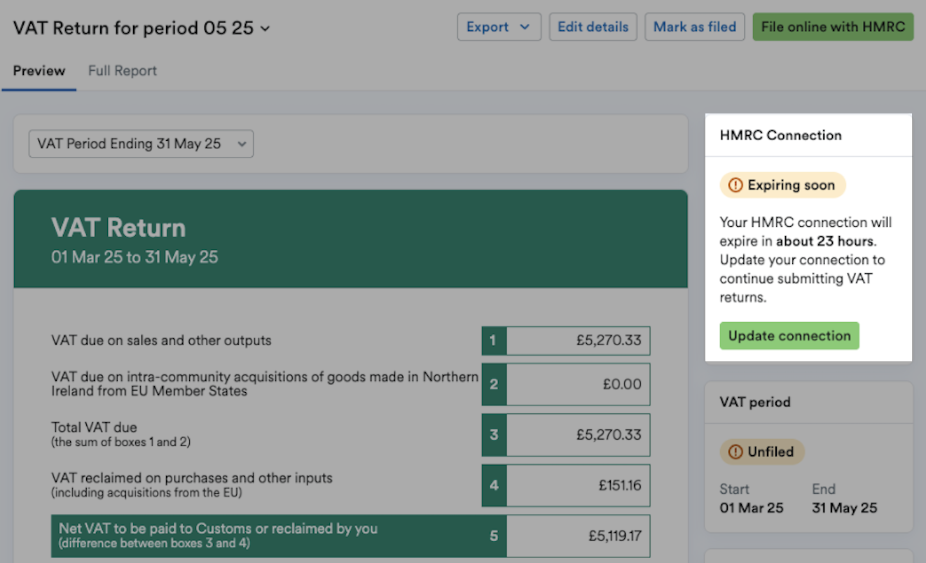 HMRC Connection section showing that the connection is ‘Expiring soon’.