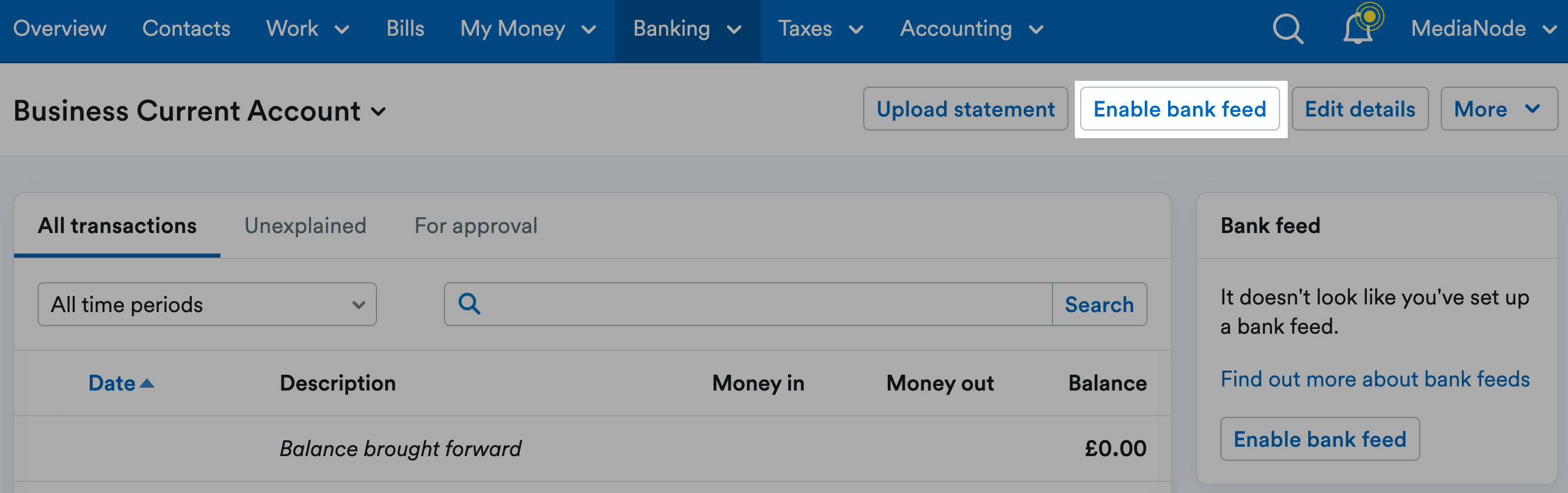 ‘Enable bank feed’ button highlighted on Account page header.