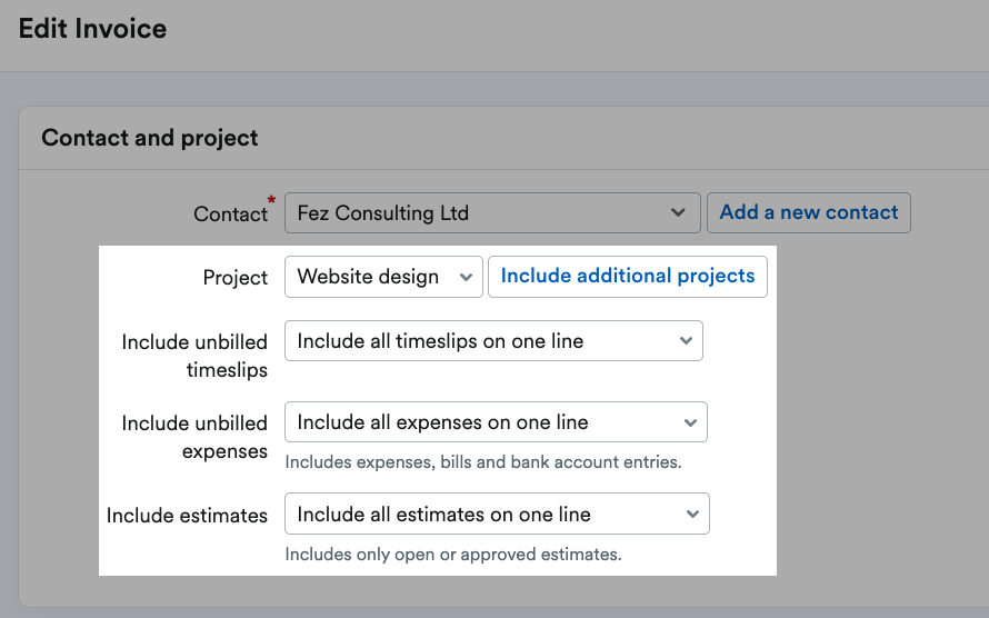Edit invoice screen with project selected and options to add unbilled timeslips, expenses and estimates