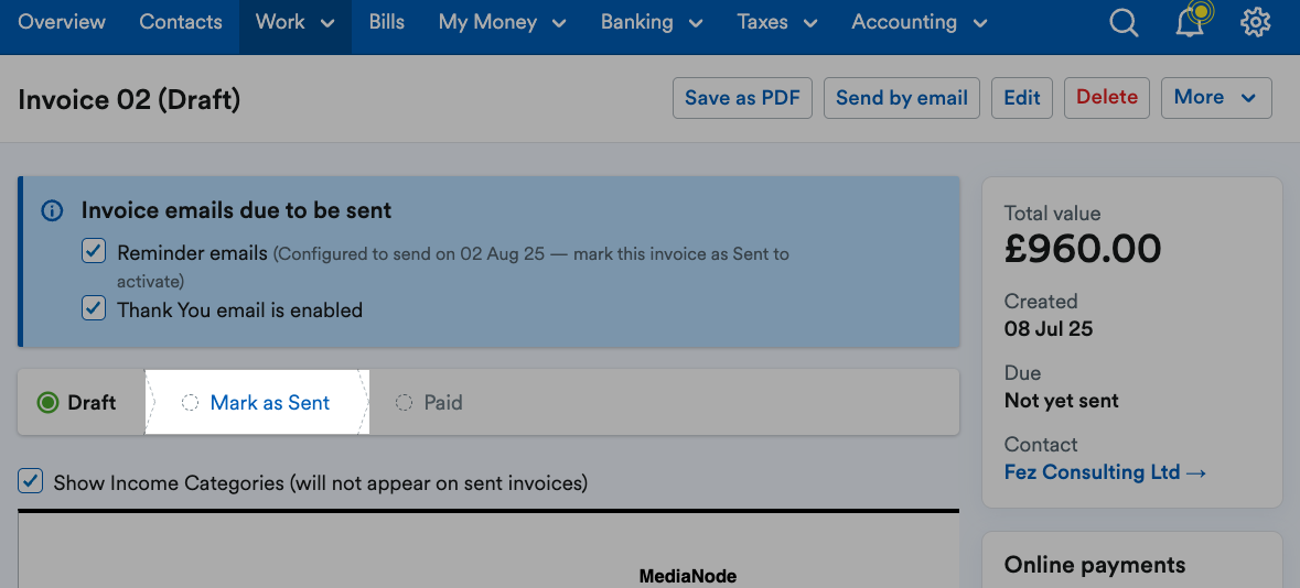 mark as Sent button highlighted