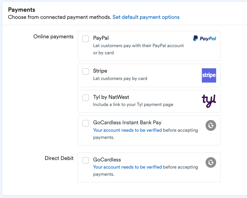 Payments section of invoice form showing payment options
