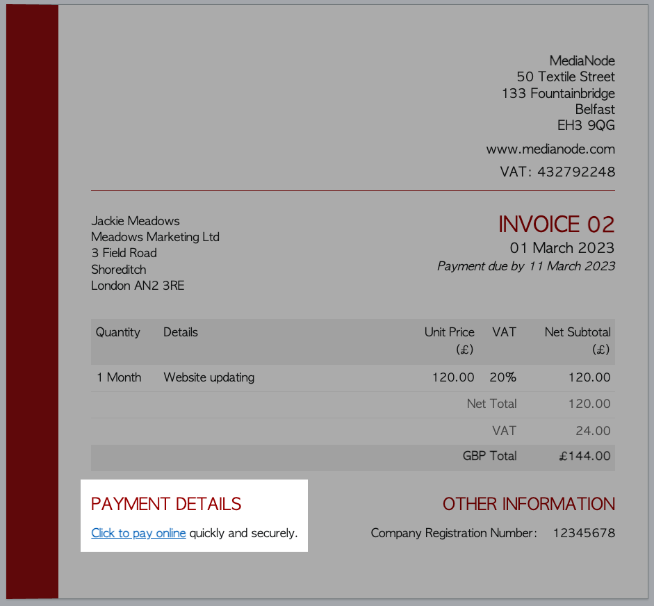 Payment details section on invoice with payment link