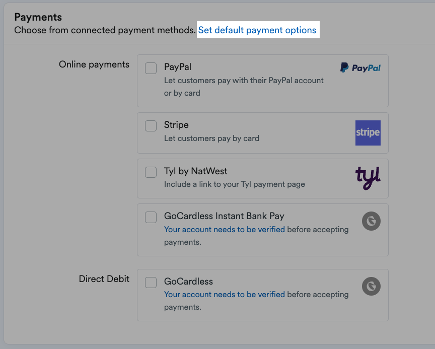Set default payment options link highlighted on payments section of invoice form