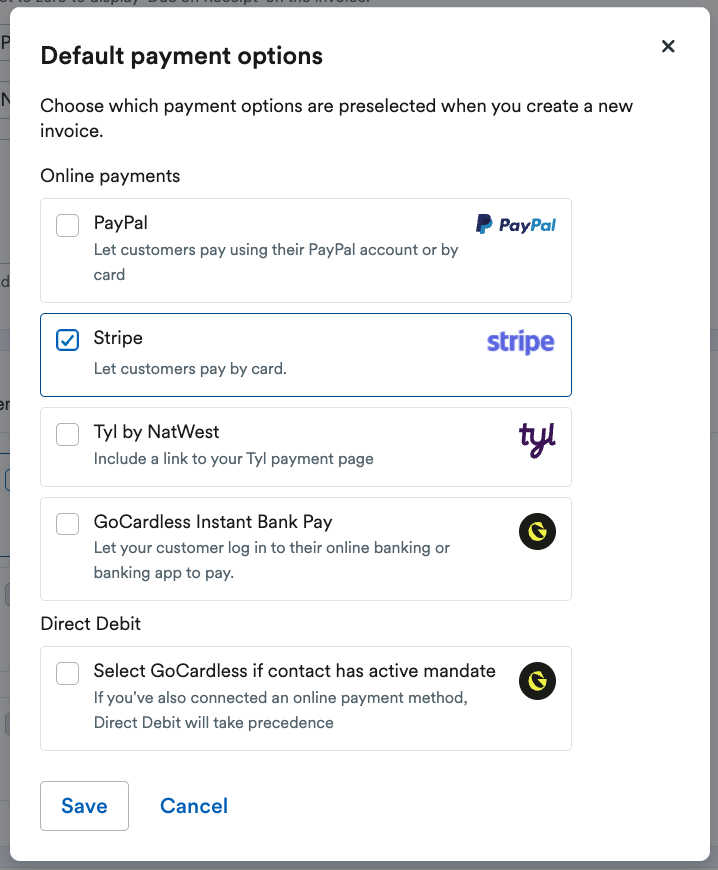 Modal for selecting default payment options