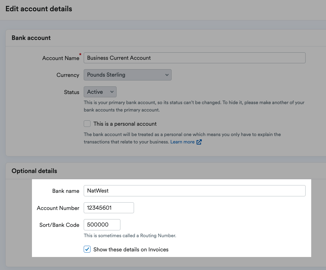 Show these details on invoices checkbox highlighted in optional details section of bank account details