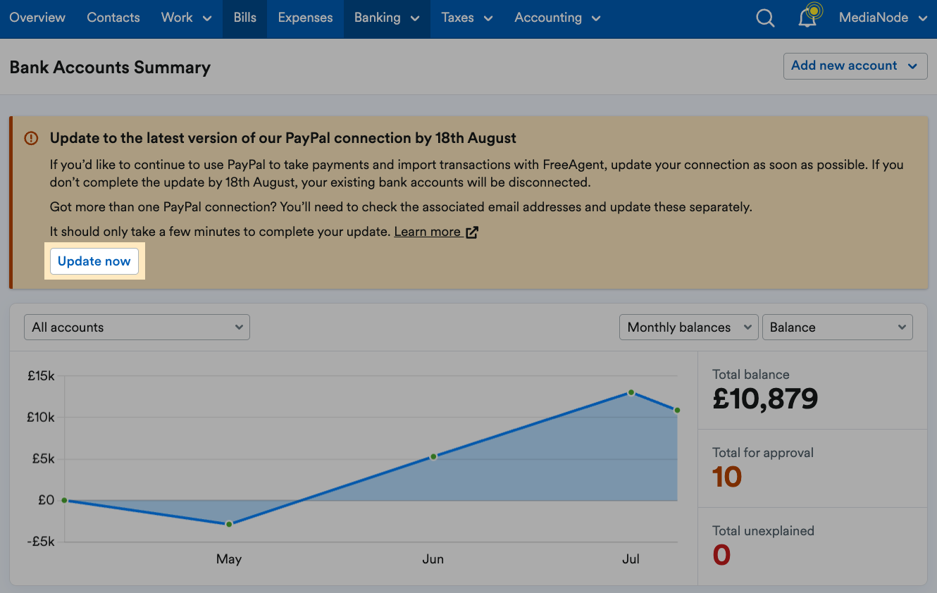 Update now button highlighted on Bank accounts summary page