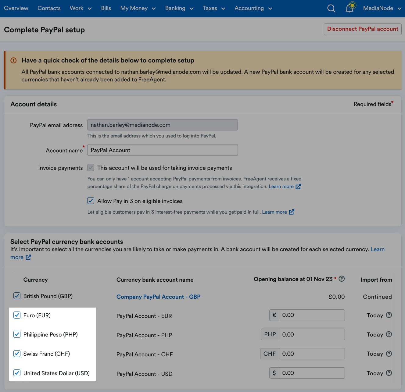 Additional currency selected