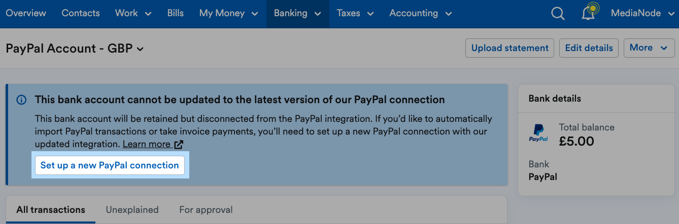 Set up a new PayPal connection button highlighted in blue banner