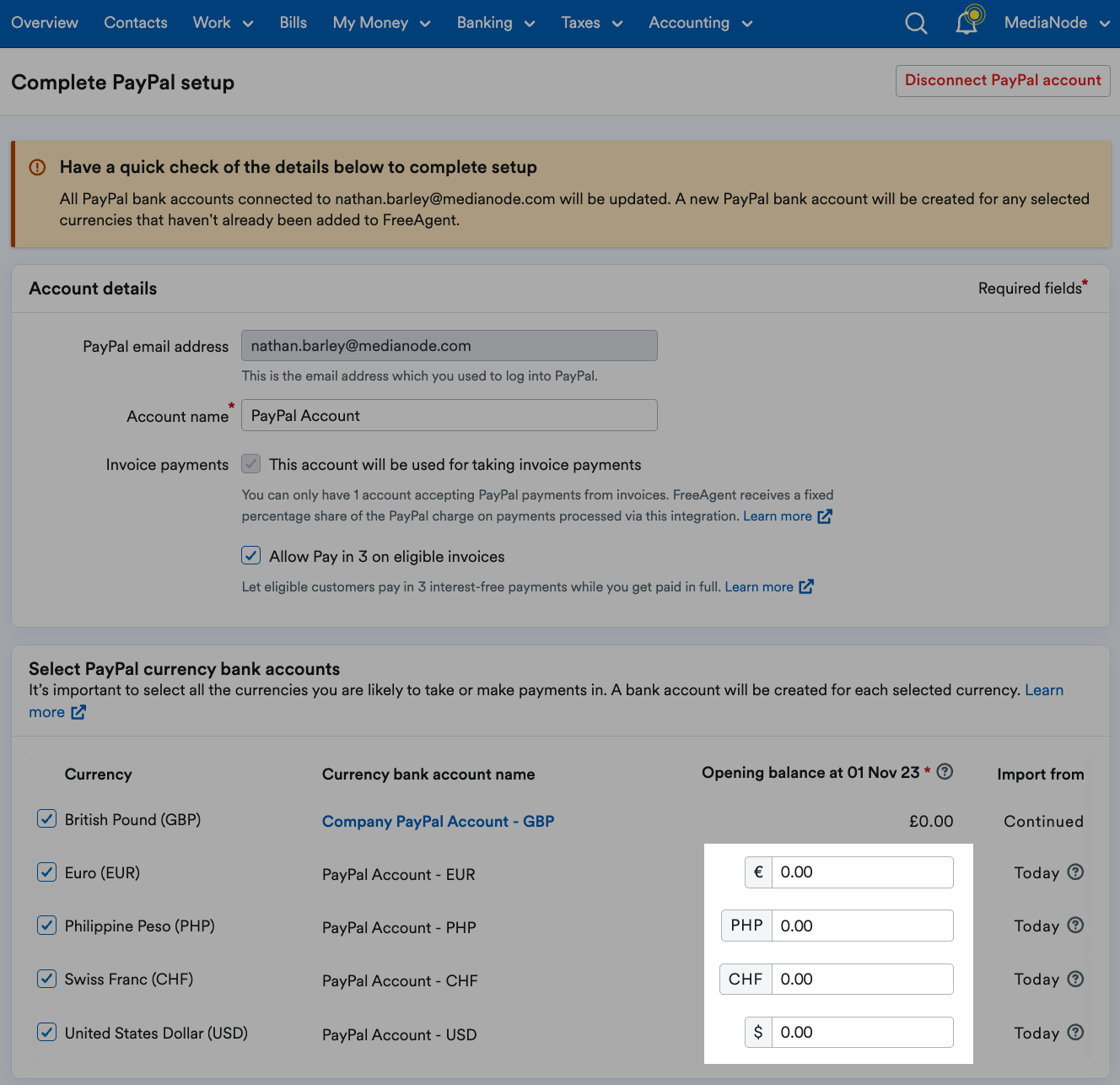 Opening balance field for additional currency highlighted