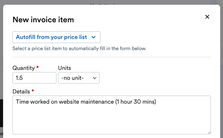 New invoice item menu with no unit selected