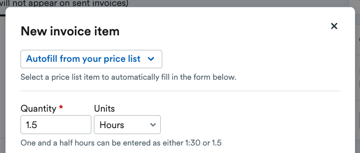 New invoice item modal with Hours selected as the Units