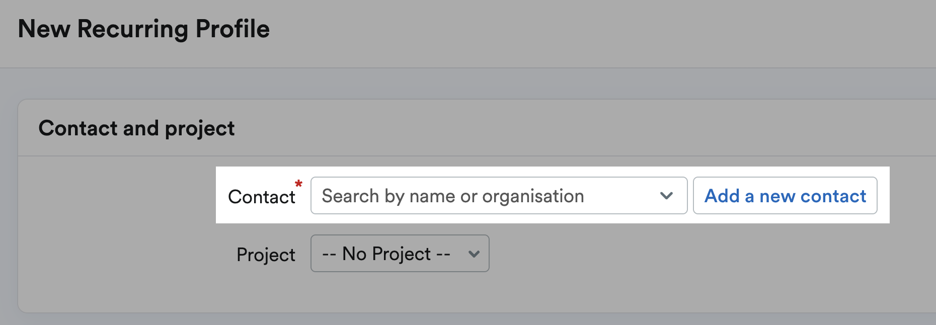 Contact and 'Add a new contact' button highlighted on New Recurring Profile page.