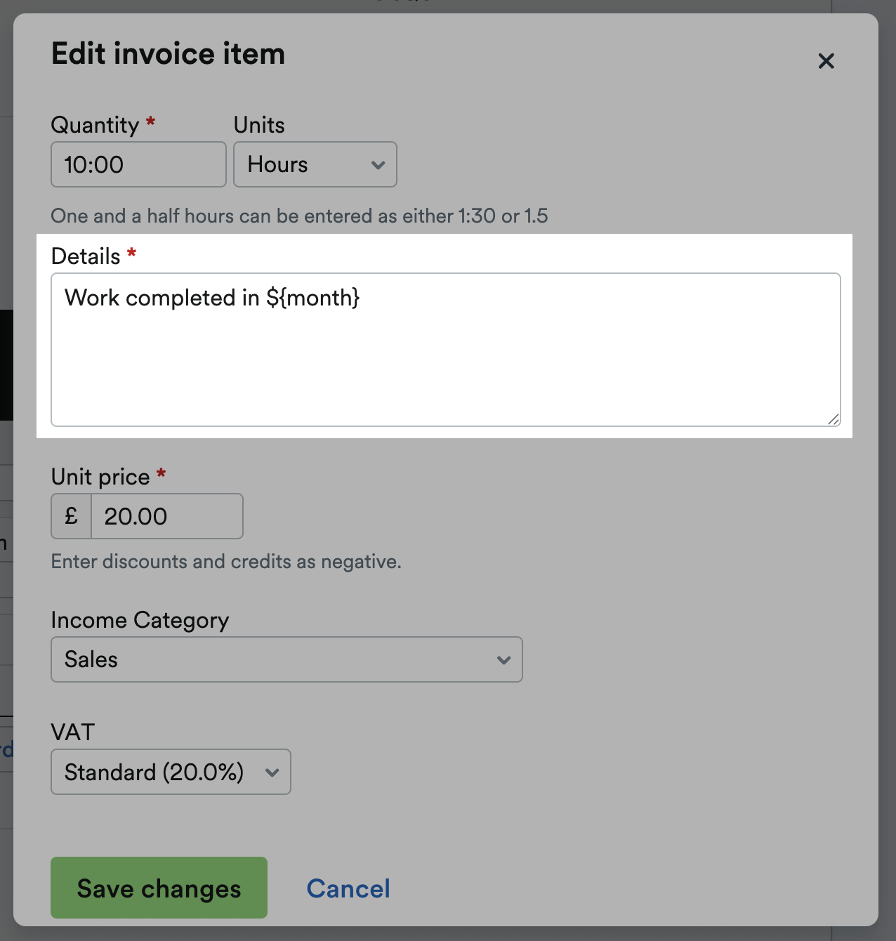 Code snipped being entered in Details section of Edit invoice item modal