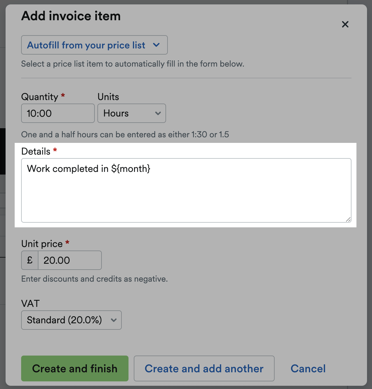 Code snipped being entered in Details section of Add invoice item modal